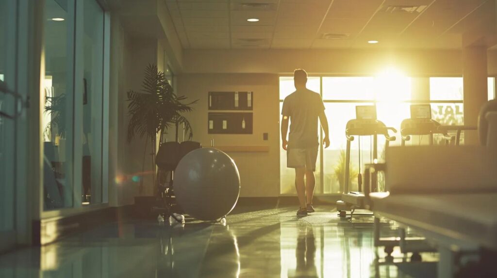 a bright and modern physical therapy clinic features a focused therapy session, highlighting a patient performing exercises under the attentive guidance of a professional amidst cutting-edge equipment and a clean, organized environment.