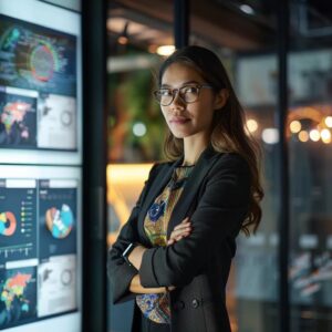 a confident woman stands in a modern office environment, surrounded by sleek digital displays and informative infographics, embodying empowerment and knowledge as she engages with a vibrant group of aspiring female professionals.