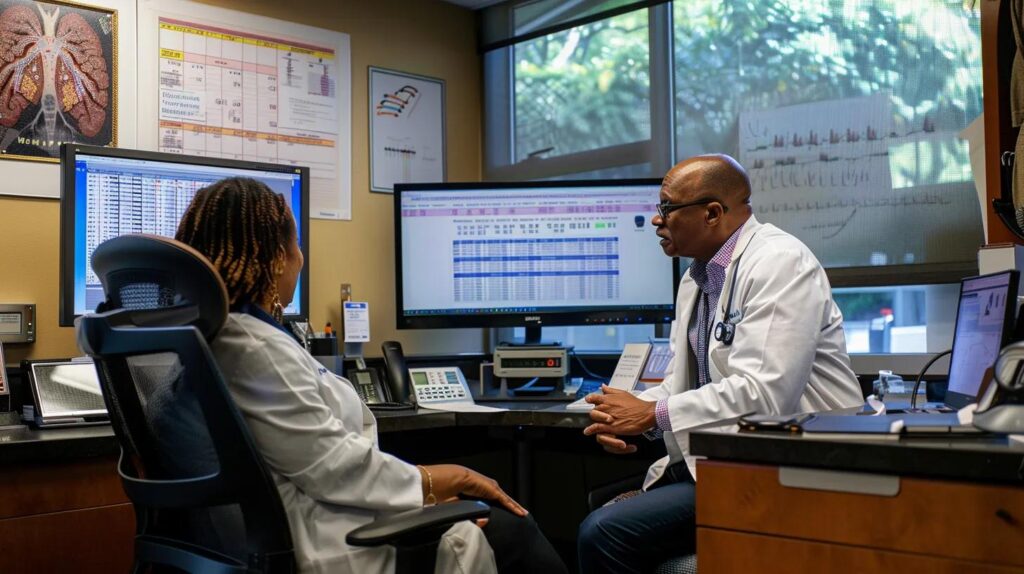 a focused, clinical office setting featuring a patient sitting across from a doctor, expressing concern while viewing a detailed chart illustrating the effects of peripheral neuropathy on daily life.