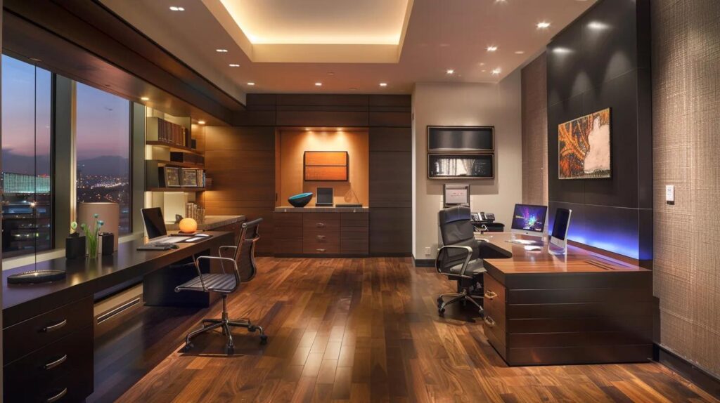 a sleek, modern office workspace is illuminated by dramatic overhead lighting, showcasing an elegant desk equipped with sophisticated technology and a vibrant digital display, embodying a cutting-edge business environment.