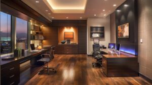 a sleek, modern office workspace is illuminated by dramatic overhead lighting, showcasing an elegant desk equipped with sophisticated technology and a vibrant digital display, embodying a cutting-edge business environment.