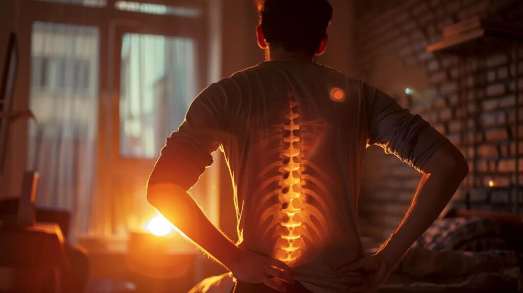 Person with illuminated spine, symbolizing chronic pain, standing in a room with warm lighting, representing the focus on spinal decompression and physical therapy for pain relief.
