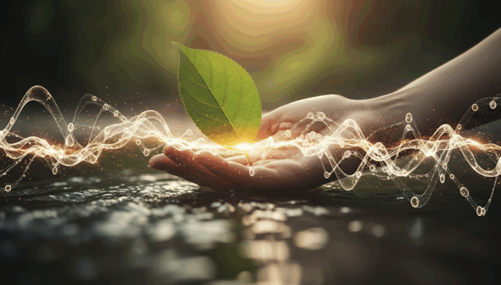 Hands holding a green leaf above water, symbolizing natural healing and regenerative therapy, with glowing energy waves representing PRP treatment benefits.